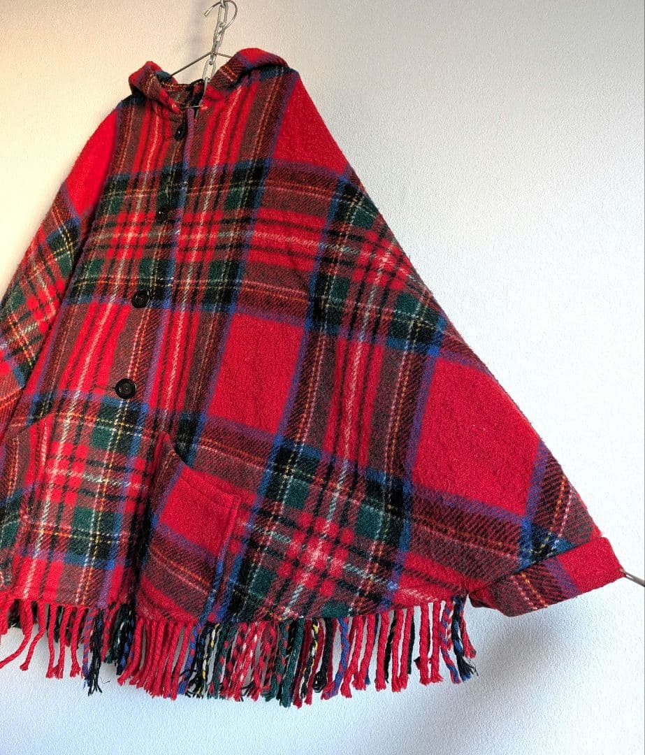 60's　70's　ヴィンテージ　タータンチェック　ケープジャケット　フード付き