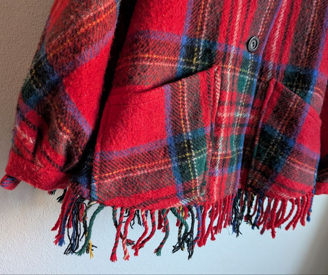 60's　70's　ヴィンテージ　タータンチェック　ケープジャケット　フード付き