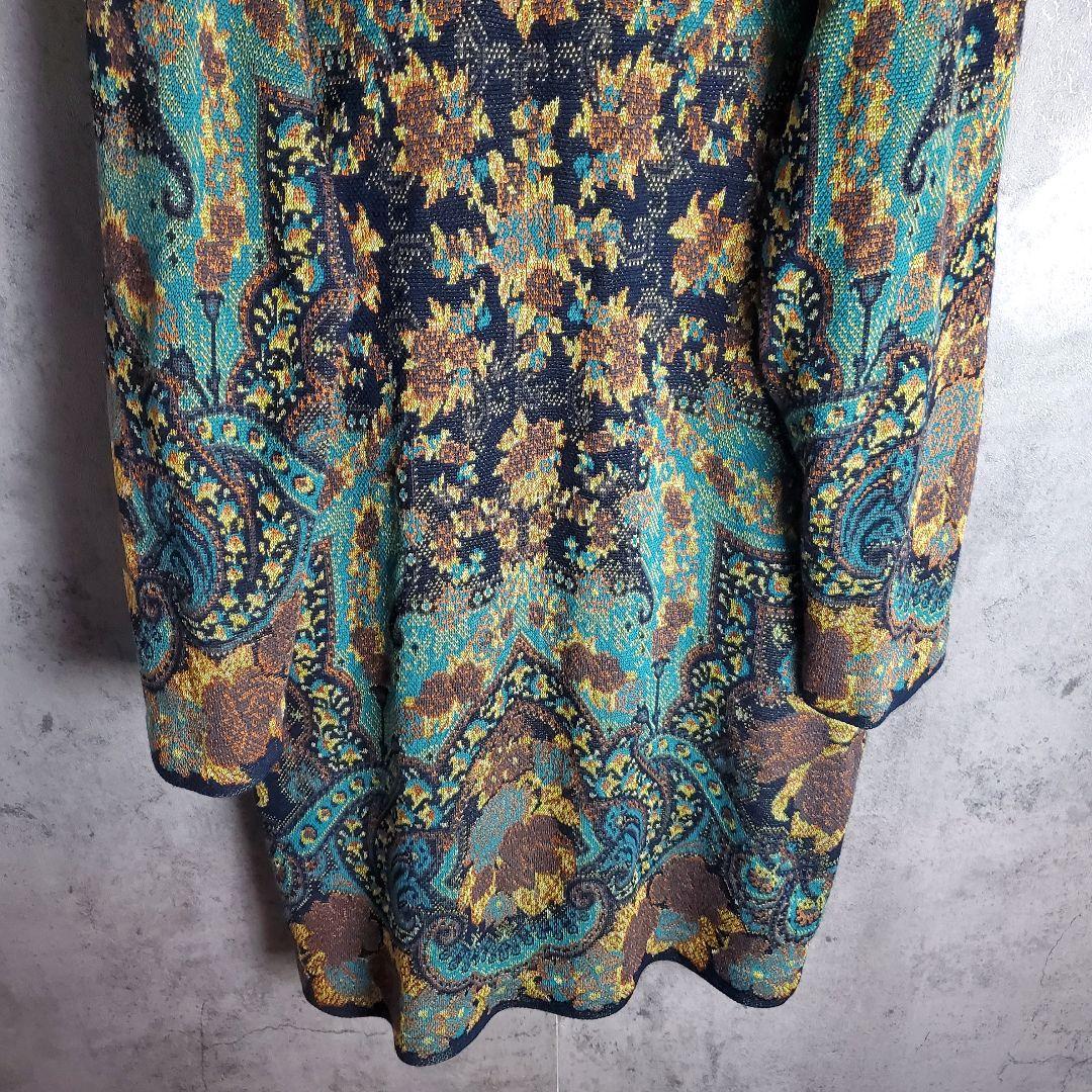 【ヴィンテージ】古着 ニット ロングカーディガン 総柄 花柄 スカーフ柄 レトロ