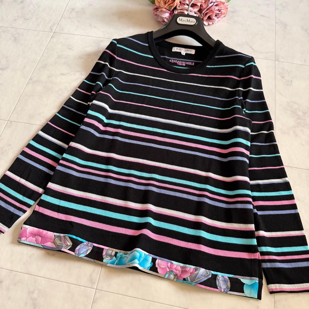 極美品★レオナール マルチボーダーニット セーター 花柄 トリム ブラック 40