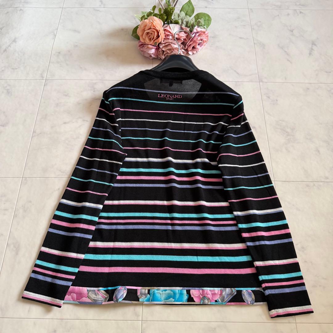 極美品★レオナール マルチボーダーニット セーター 花柄 トリム ブラック 40