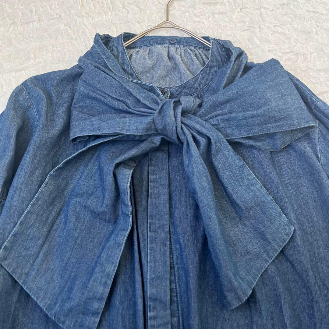 ミラオーウェン ボウタイ付き袖ボリュームデニムブラウス 2way