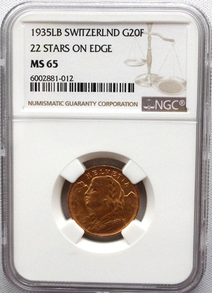 1935年 スイス ブレネリ アルプスの少女 20フラン 金貨 NGC MS65