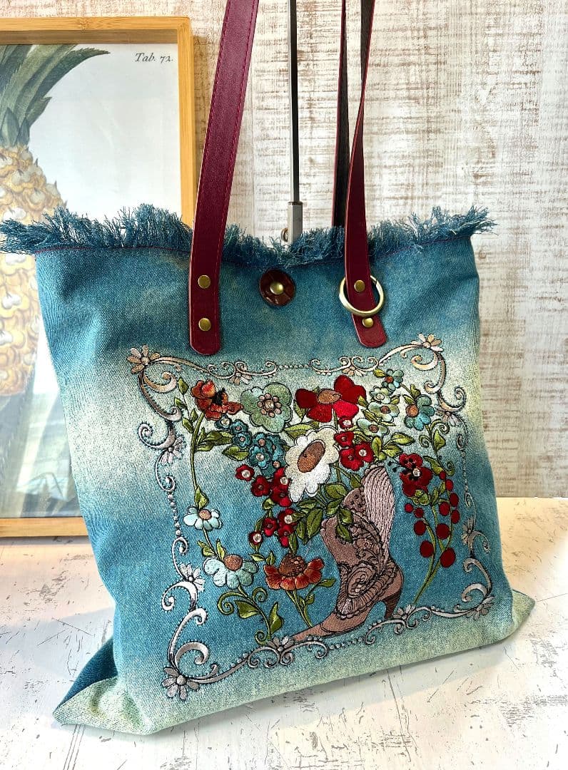 ロラライハリス♡インディゴグラデデニム♡刺繍の本革持ち手のフリンジ肩掛けバッグ