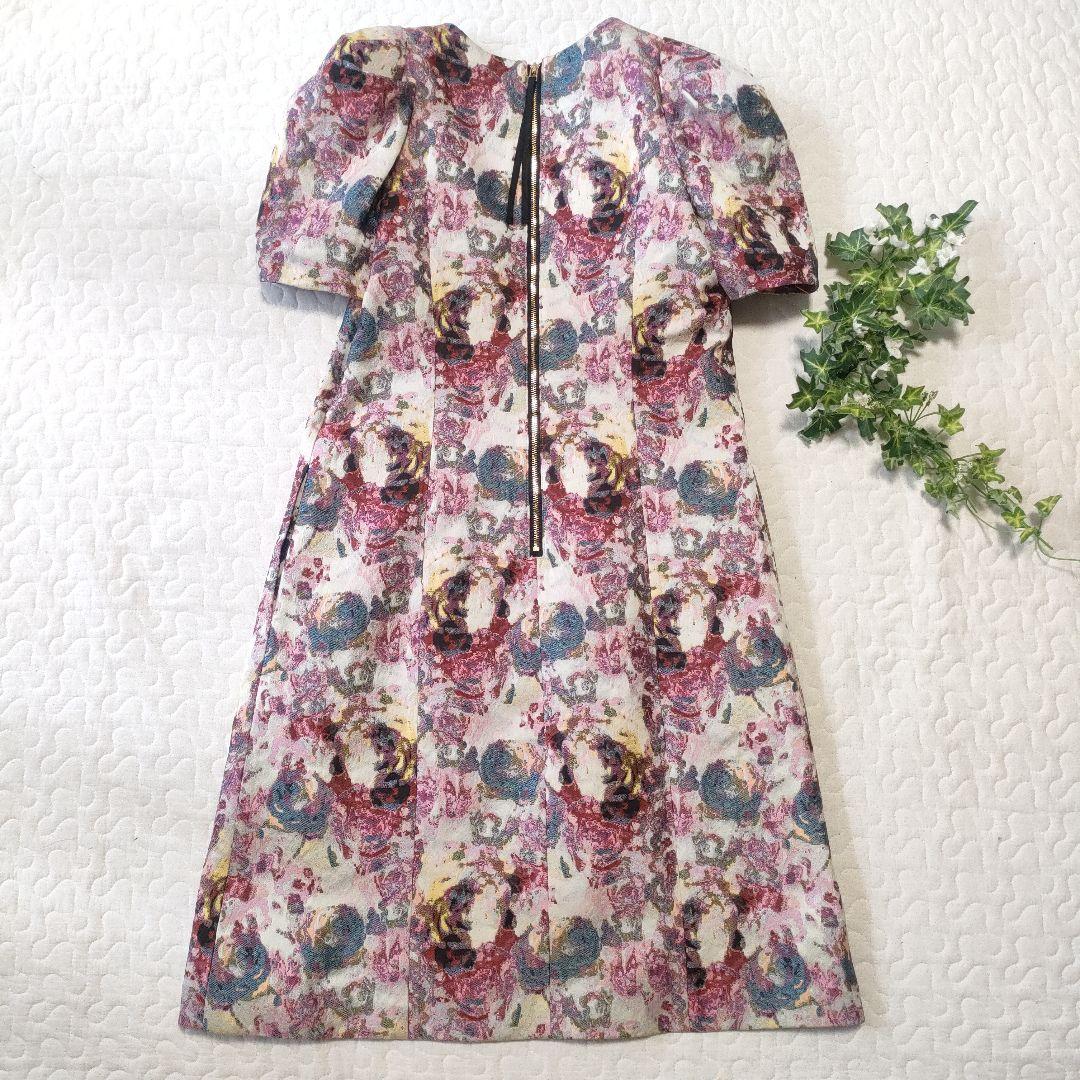 極美品✨ルルウィルビー　ジャガード織りひざ丈ワンピース　パフスリーブ　ピンク　1