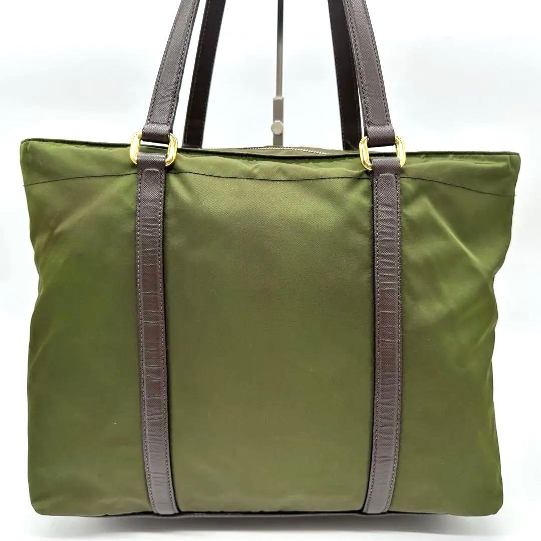 【美品】プラダ トートバッグ ナイロン グリーン 三角ロゴ