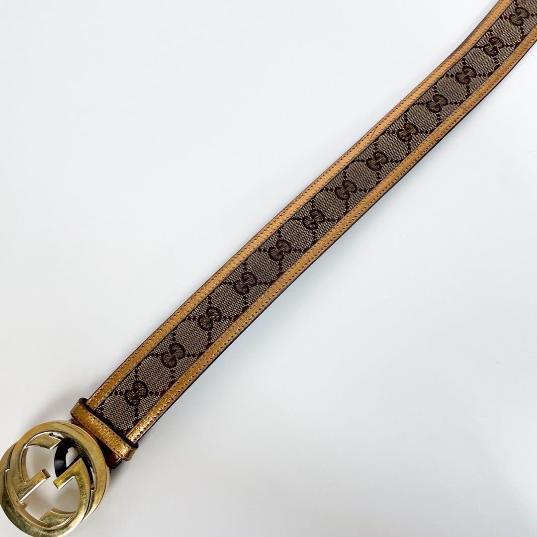 美品✨ グッチ ベルト インターロッキング GGキャンバス レザー ゴールド金具