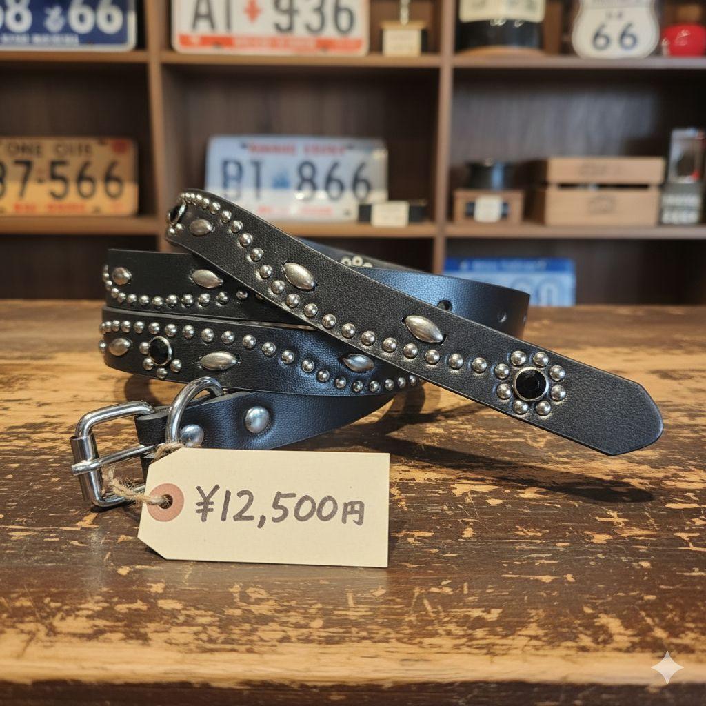 フラワー黒■フルスタッズ本革レザーナローベルト！ブラックダイヤモンドオニキス