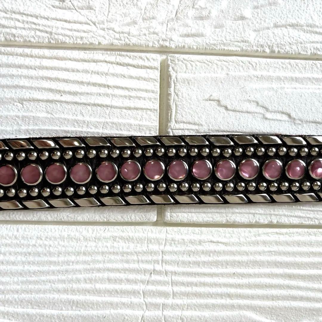 高級✨Kippys スワロフスキー スタッズ 装飾 ブラウンレザーベルト ピンク