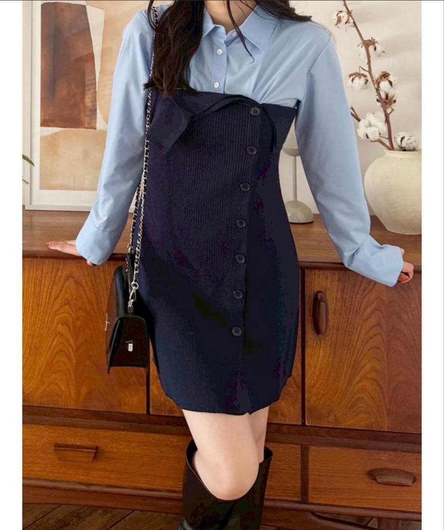 MERCURYDUOシャツレイヤード風ニットドッキングミニワンピース