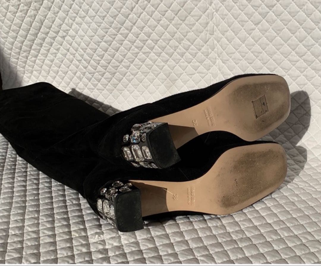 ミュウミュウ　ビジュー付き　スエード　ロングブーツ