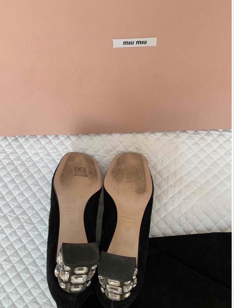 ミュウミュウ　ビジュー付き　スエード　ロングブーツ