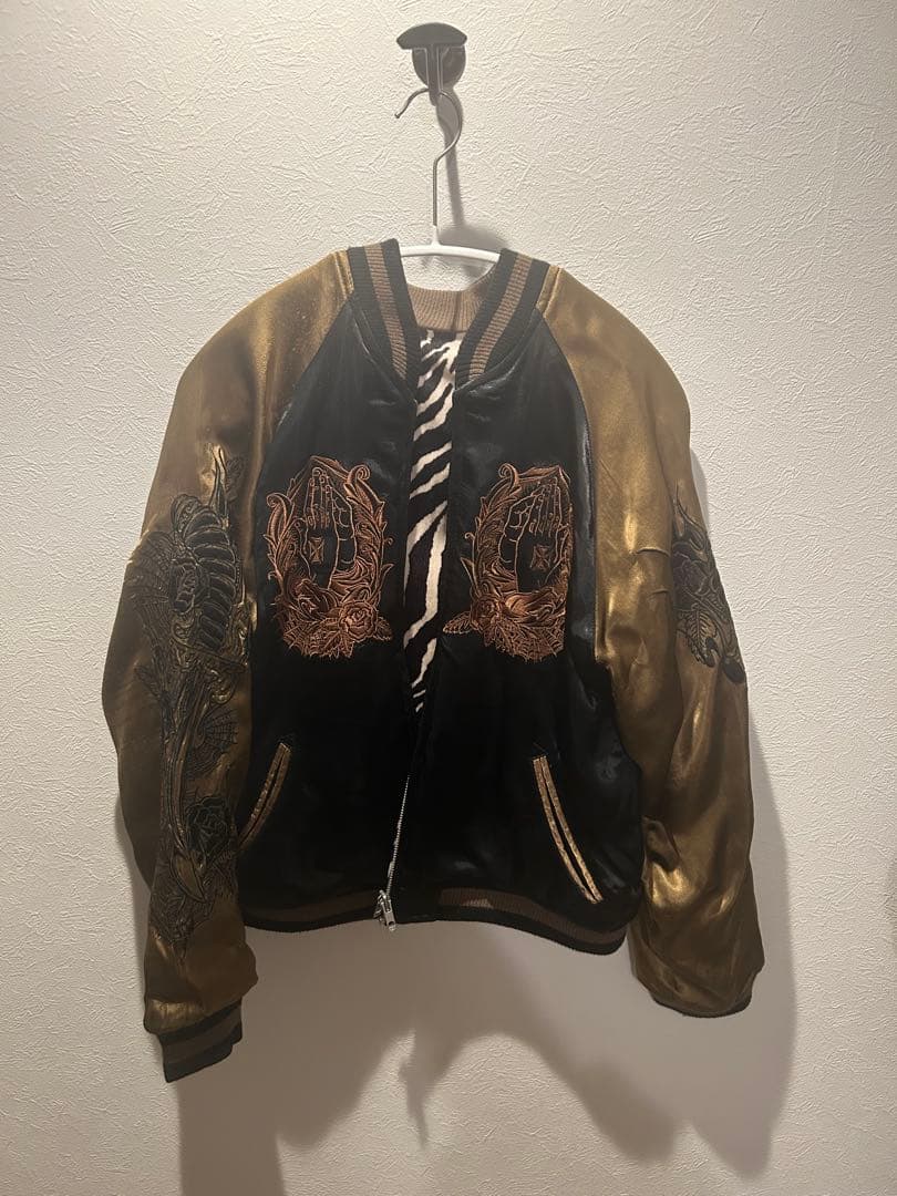 スカジャン 黒金 薔薇刺繍 ゼブラ リバーシブル