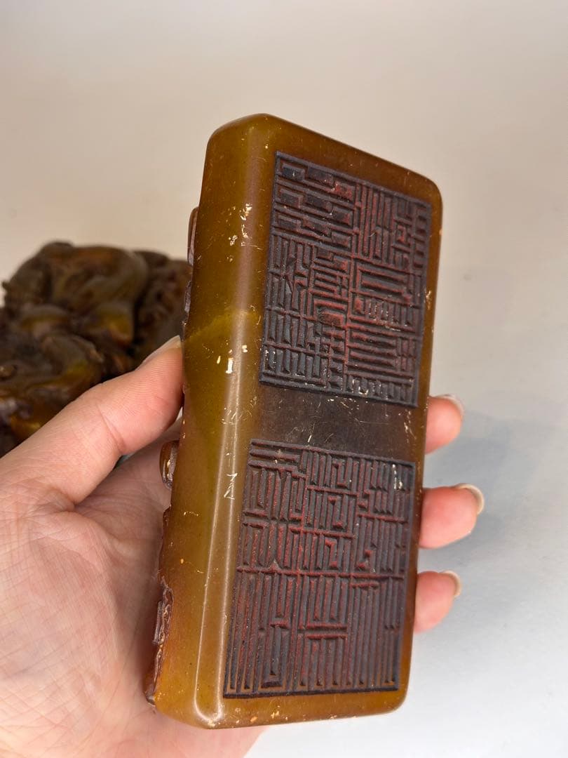 AC田黄石寿山石 龍紋彫刻 印章 大サイズ 二点セット 中国古美術 时代物