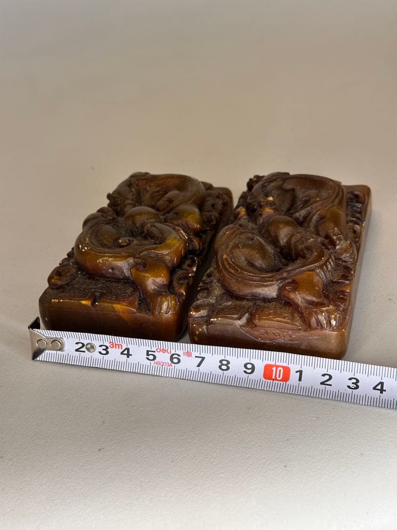 AC田黄石寿山石 龍紋彫刻 印章 大サイズ 二点セット 中国古美術 时代物