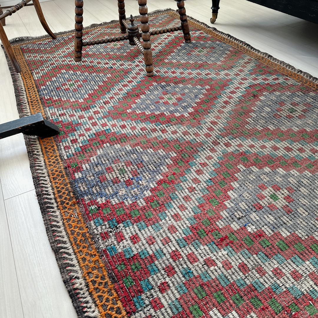 トルコ製ヴィンテージラグ940レア 大判 オールドキリム ジジム ブルー レッド