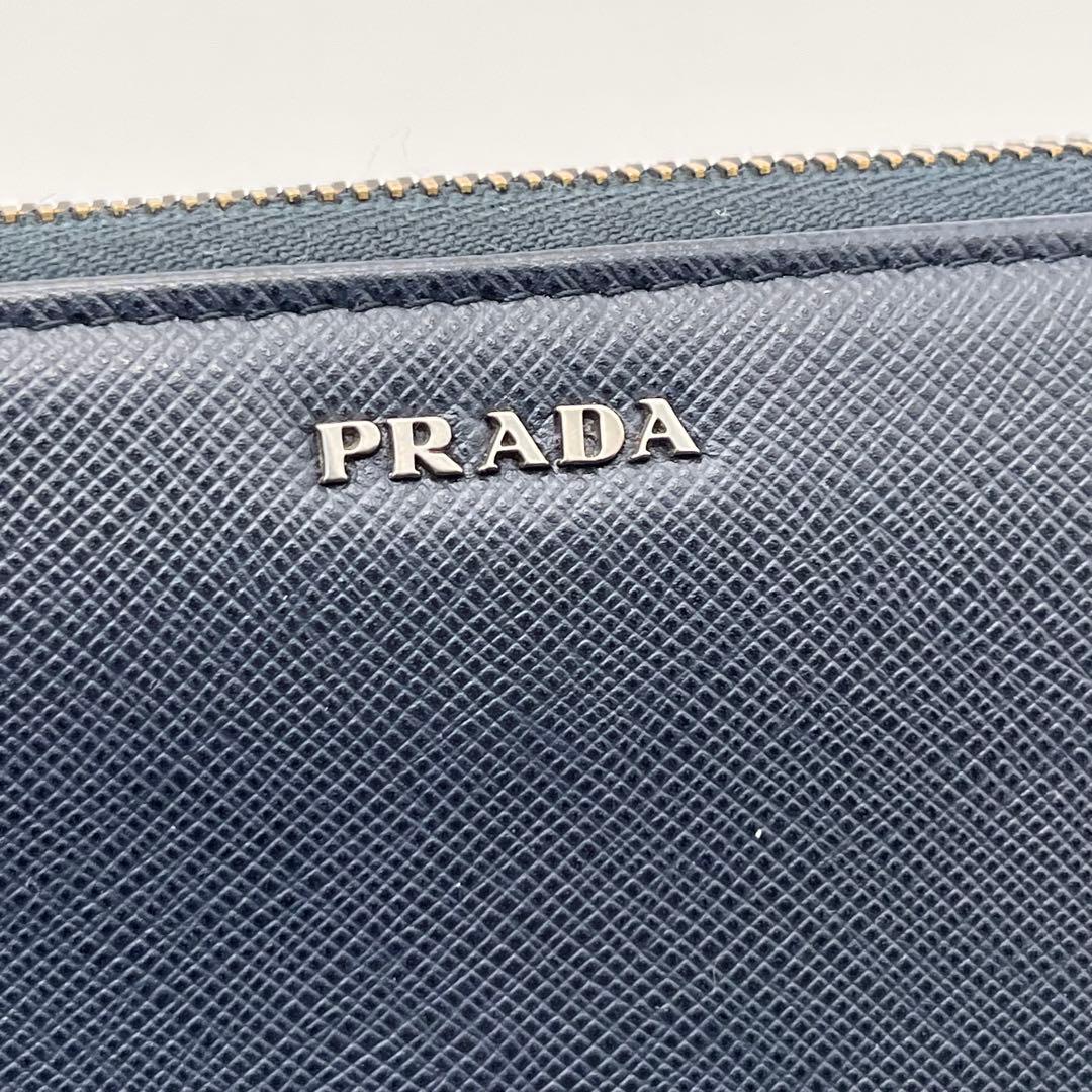 【極美品】PRADA ラウンドファスナー　サフィアーノレザー　ネイビー