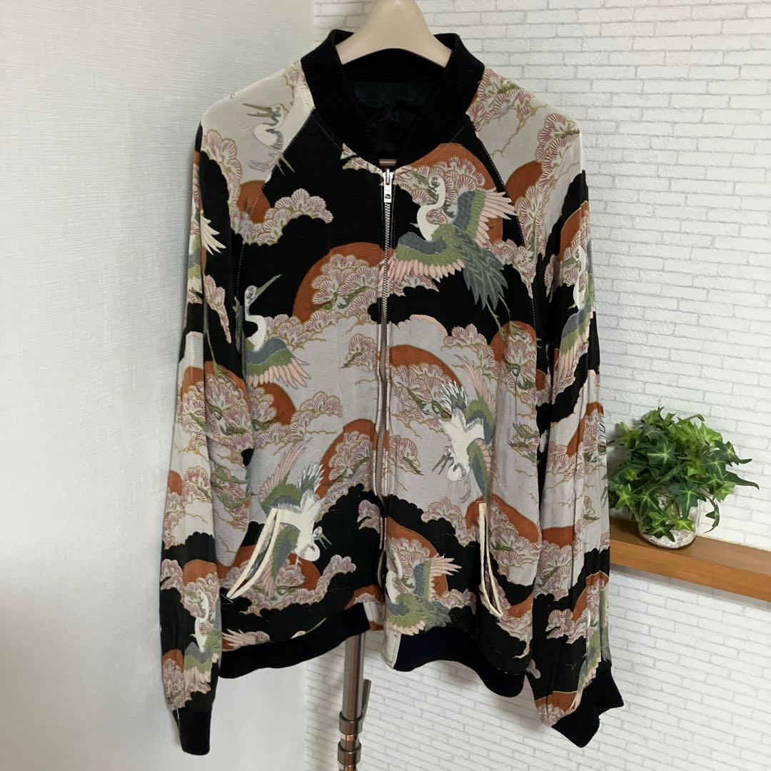 スカジャン　リバーシブル　花旅楽団　レーヨン　壁縮緬　東洲斎写楽　和柄　兜　鶴