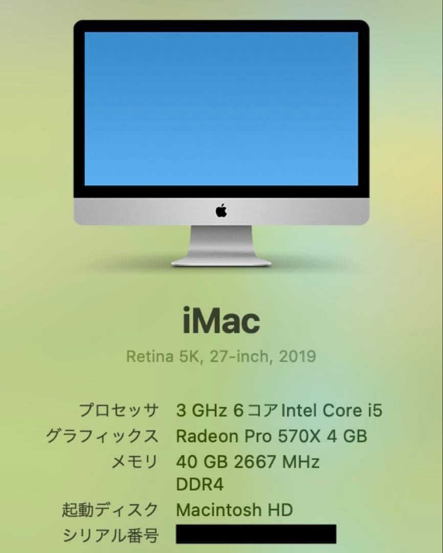 iMac 2019 27インチ メモリ40GB ストレージ2TB