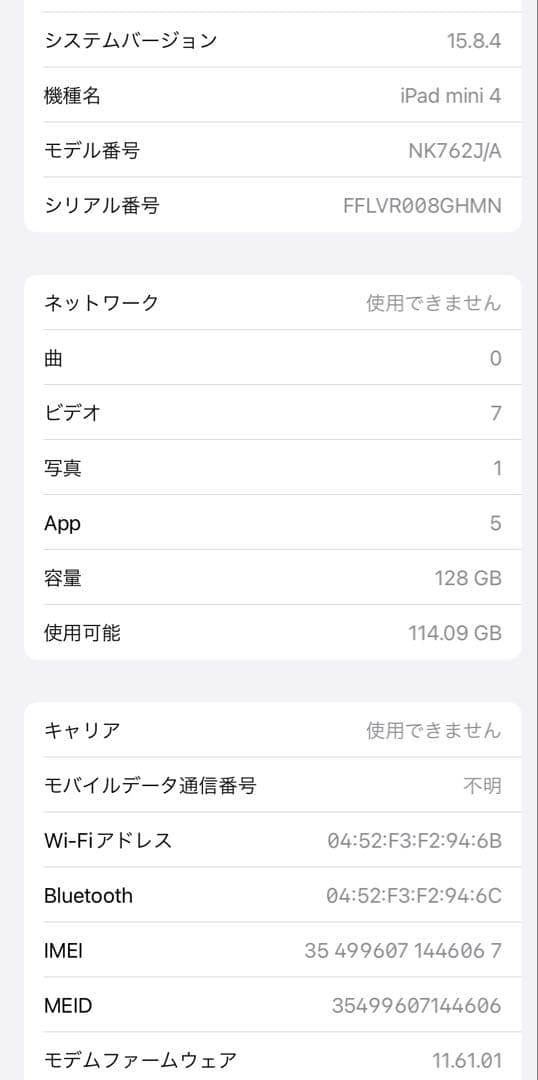 iPad本体 iPad mini 4 A1550 Wi-Fi + Cellular 128GB