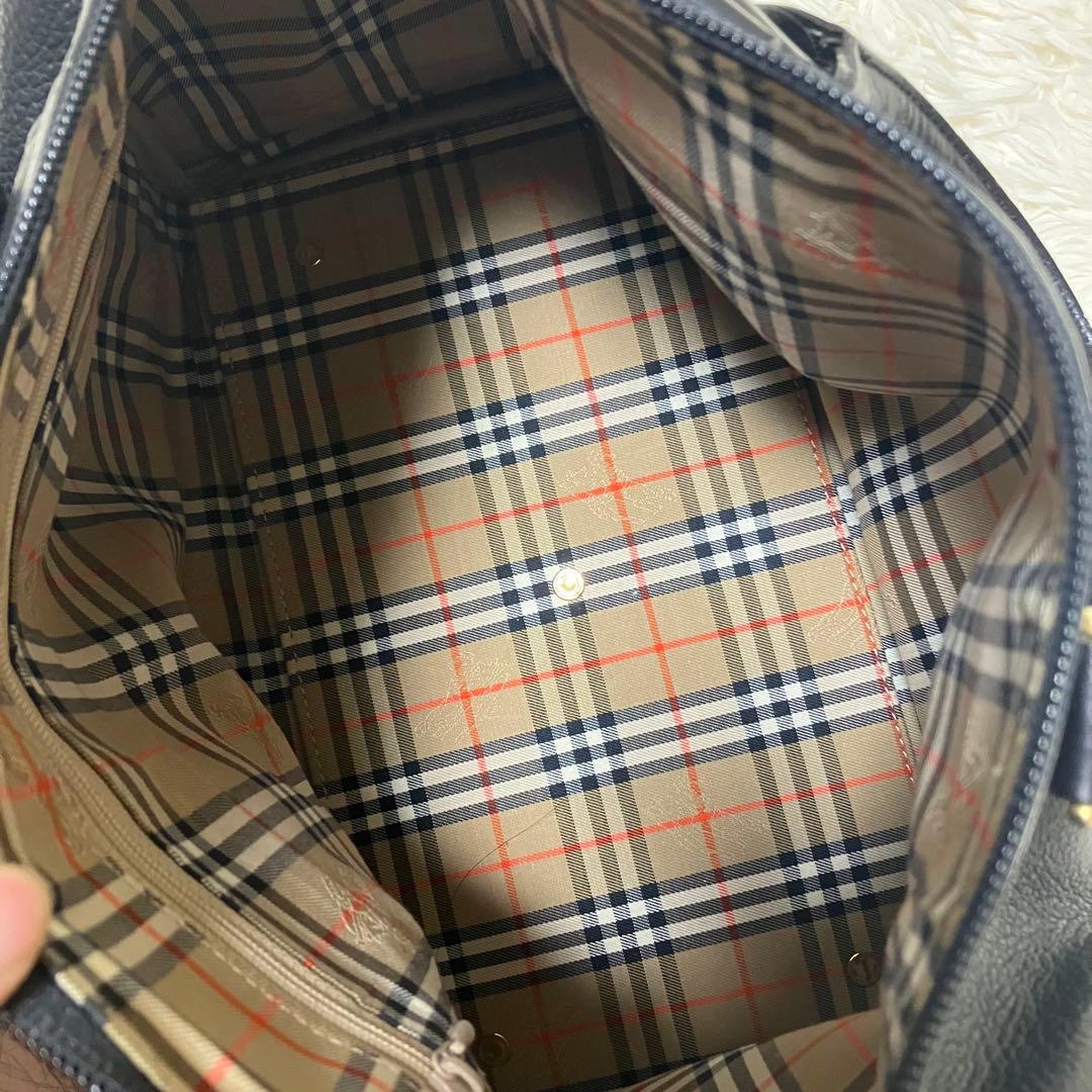 バーバリー ミニボストンバッグ ハンドバッグ ノバチェック レザー シボ革 黒