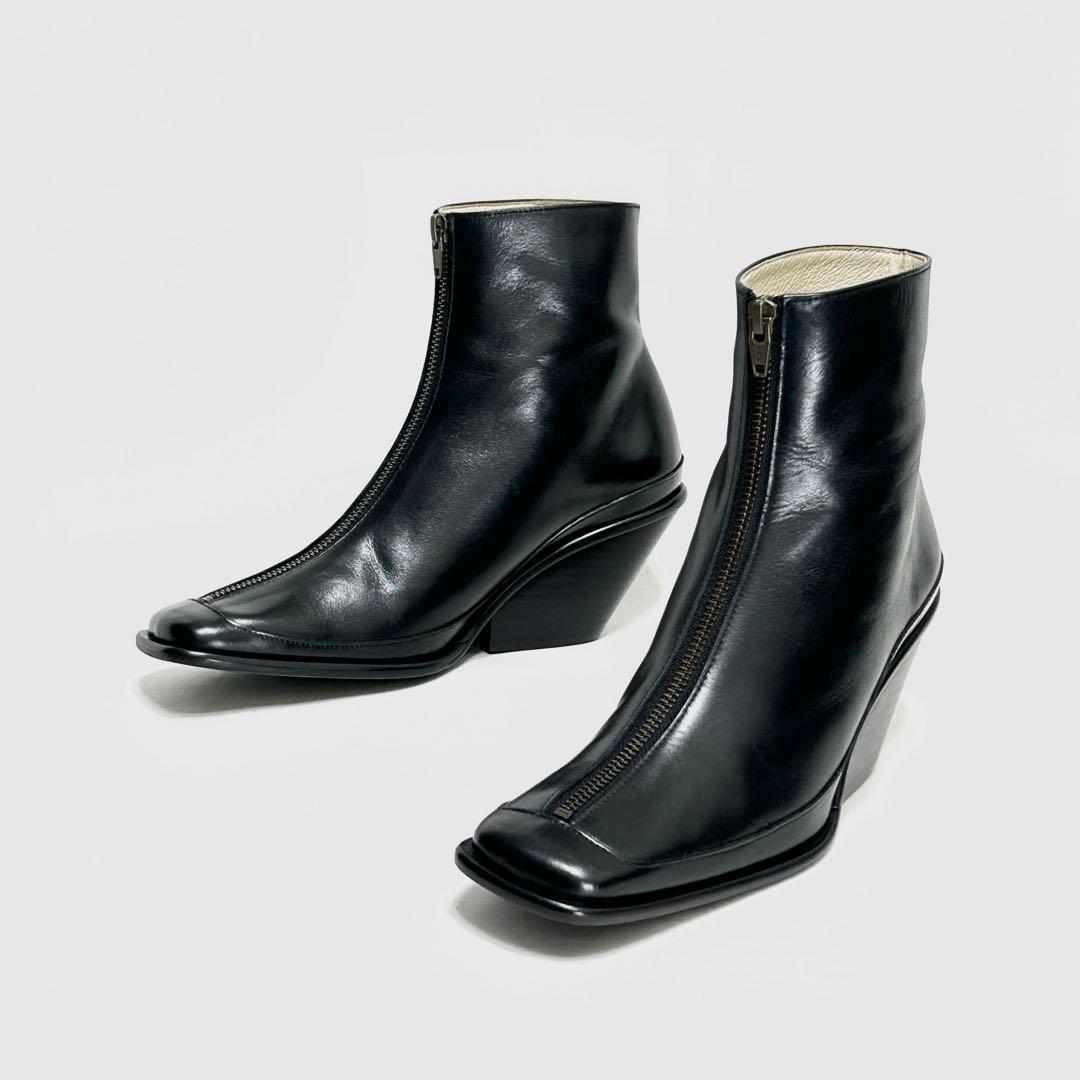 ■定5.3万 アンチショルド ショートブーツ 38 24〜25 黒 スクエアトゥ