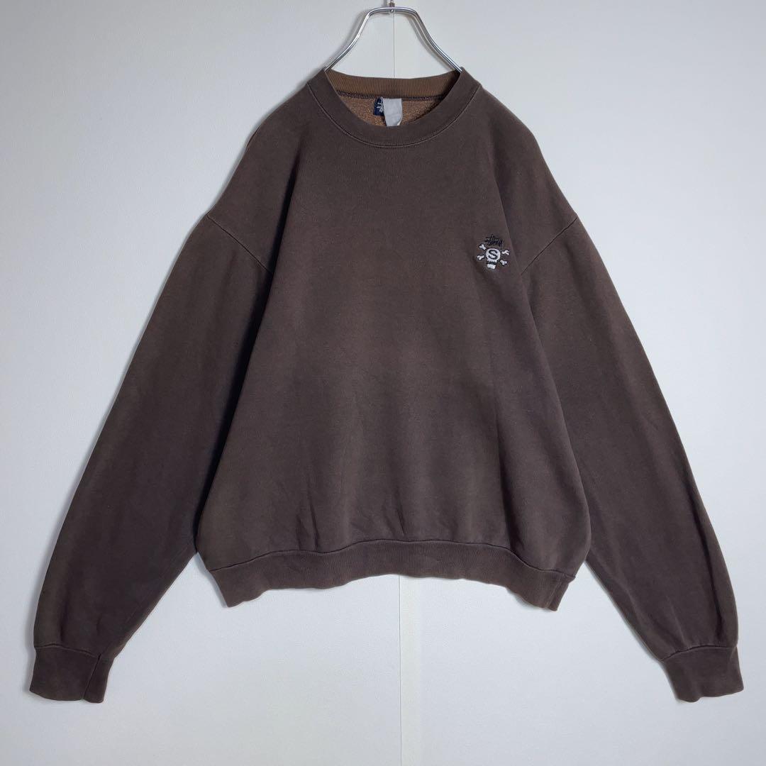 【超希少】ステューシー スウェット 90s スカル ワンポイント刺繍ロゴ 茶