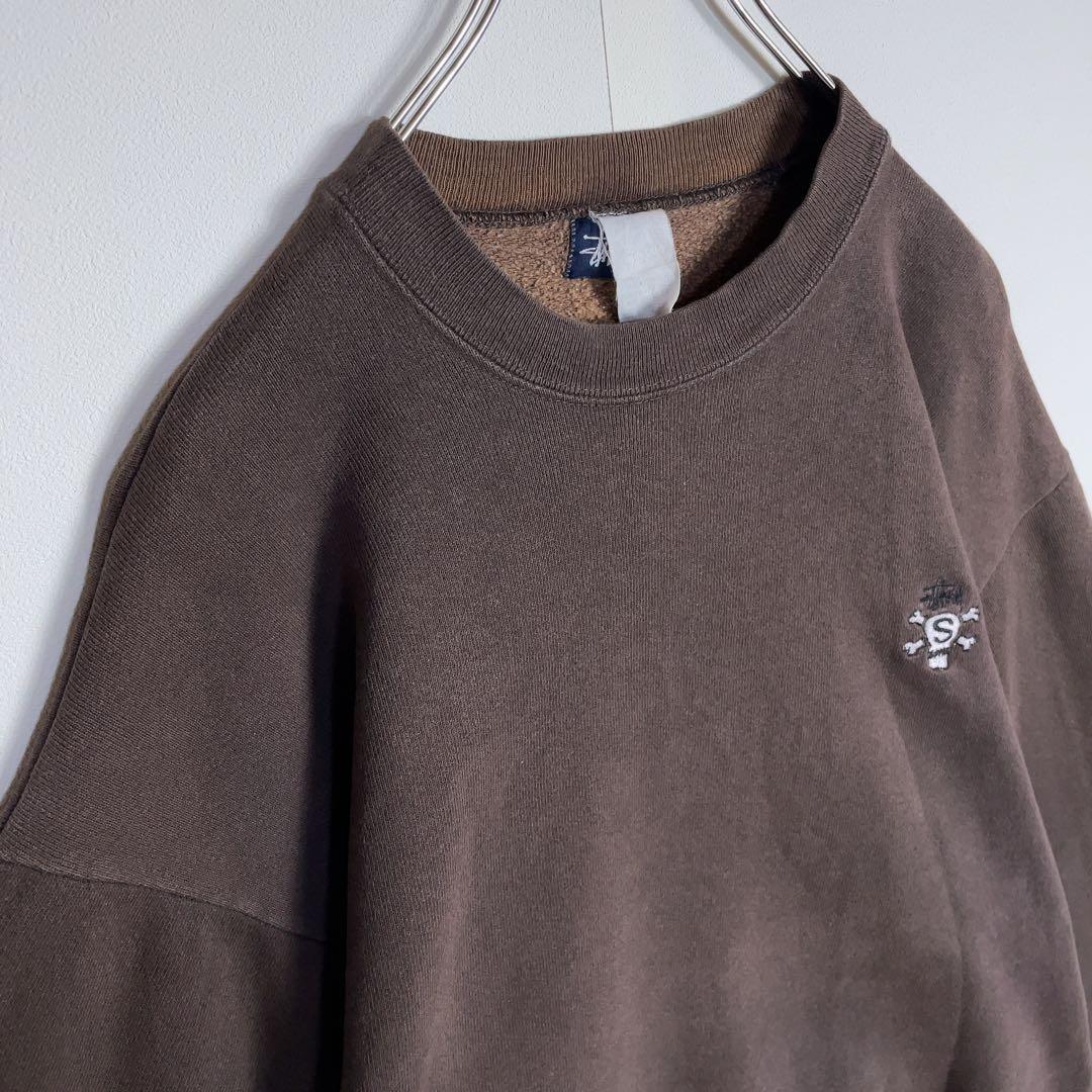 【超希少】ステューシー スウェット 90s スカル ワンポイント刺繍ロゴ 茶