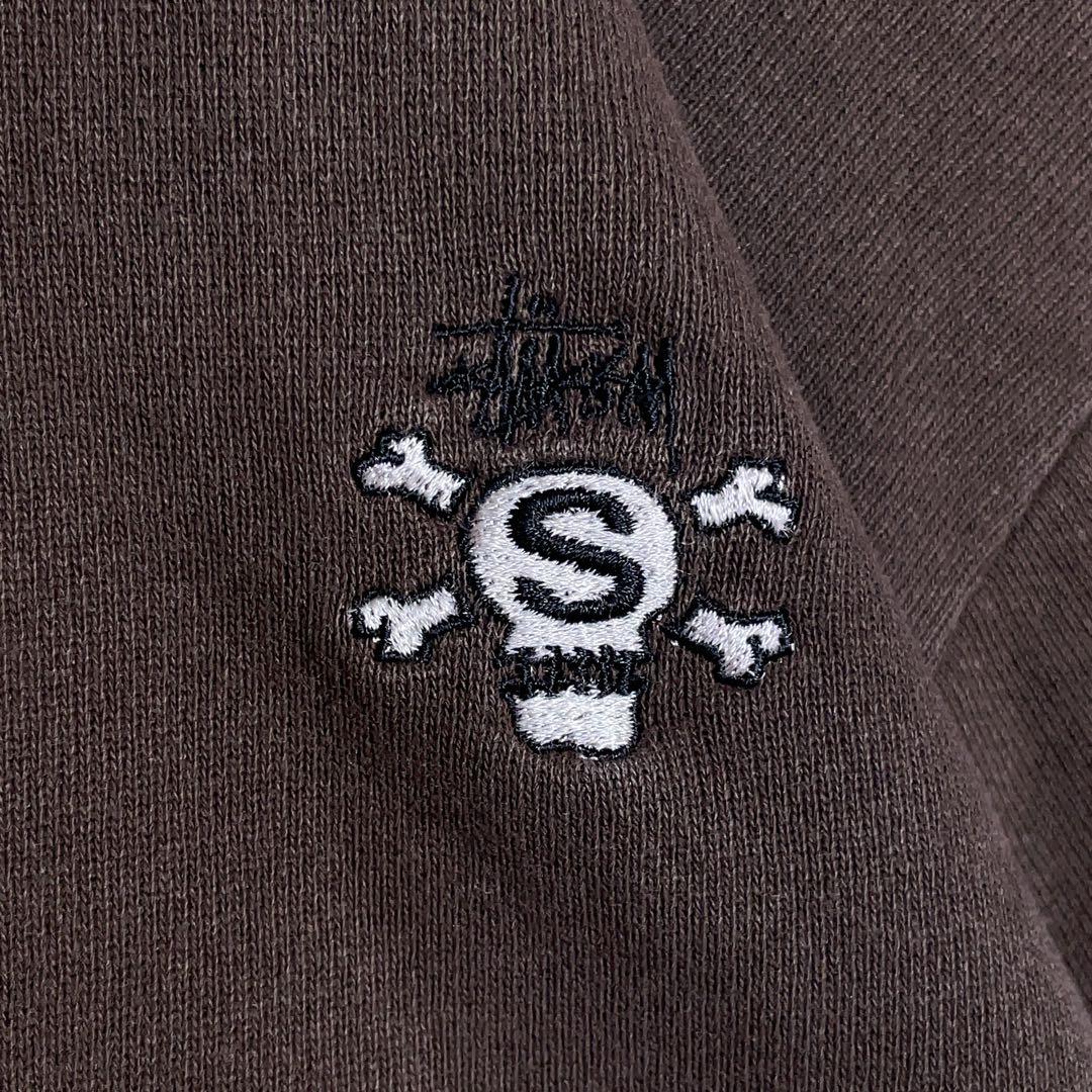 【超希少】ステューシー スウェット 90s スカル ワンポイント刺繍ロゴ 茶
