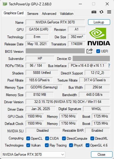 グラフィックボード・グラボ・ビデオカード RTX3070 8GB HP OMEN