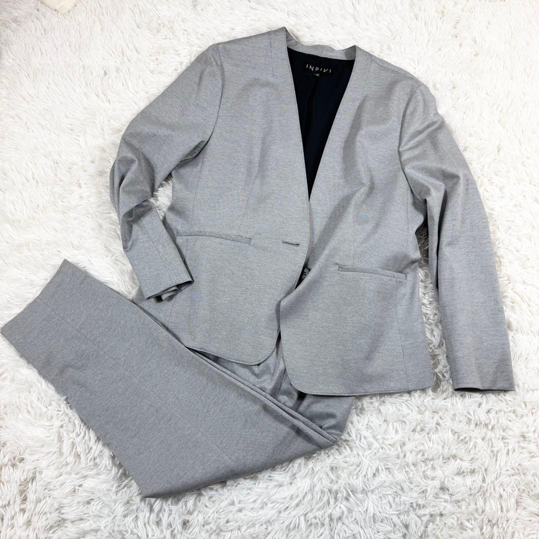 【極美品】INDIV インディヴィ パンツスーツセットアップ グレー 44