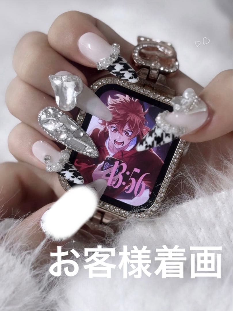 お急ぎ便A♥ ネイルチップ 量産型 千鳥柄 リボン ワンホン ちゅるん