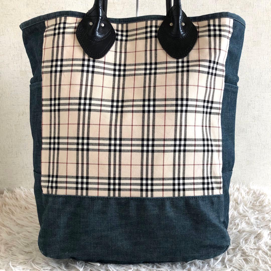【美品】バーバリーブラックレーベル　トートバッグ　本革　デニム　ノバチェック