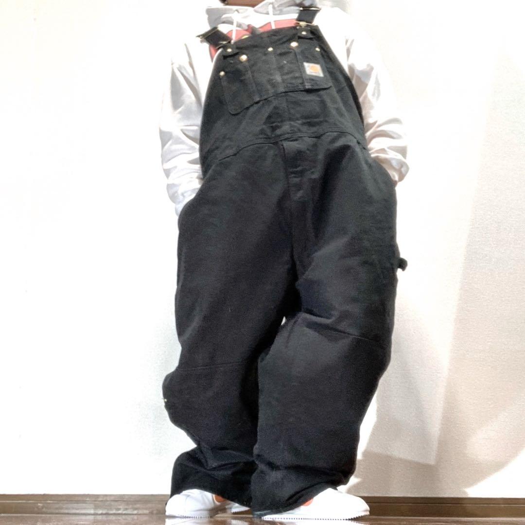 カーハートブラックオーバーオール大ペインターパンツ中綿黒パッチロゴ極太w52古着