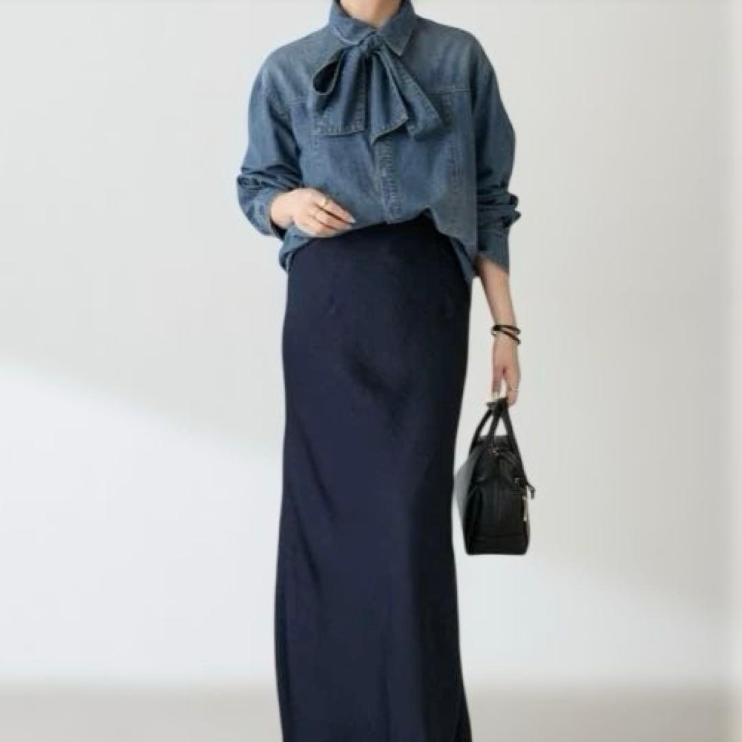 デニムリボン付き長袖シャツ