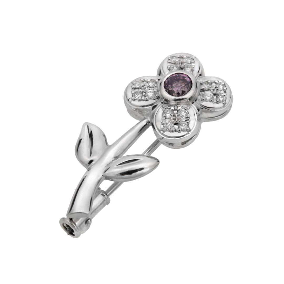 ピンクダイヤとダイヤの4枚花びらモダンなブローチ　Pt900