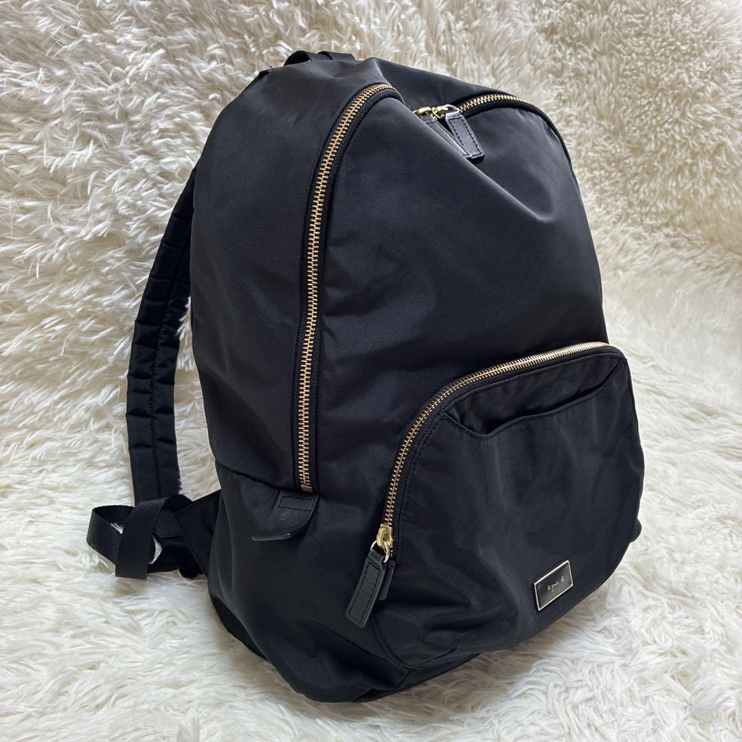 アニエスベー リュックサック A4大容量 ナイロン 黒 ロゴプレート ゴールド