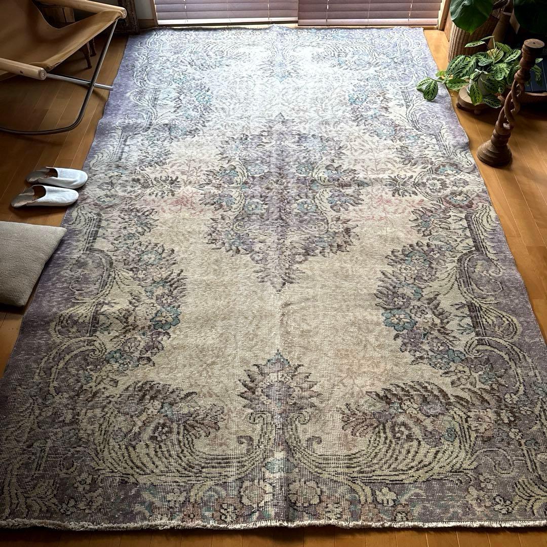 超大判169×274レアくすみラベンダー×クリーム　トルコヴィンテージラグ