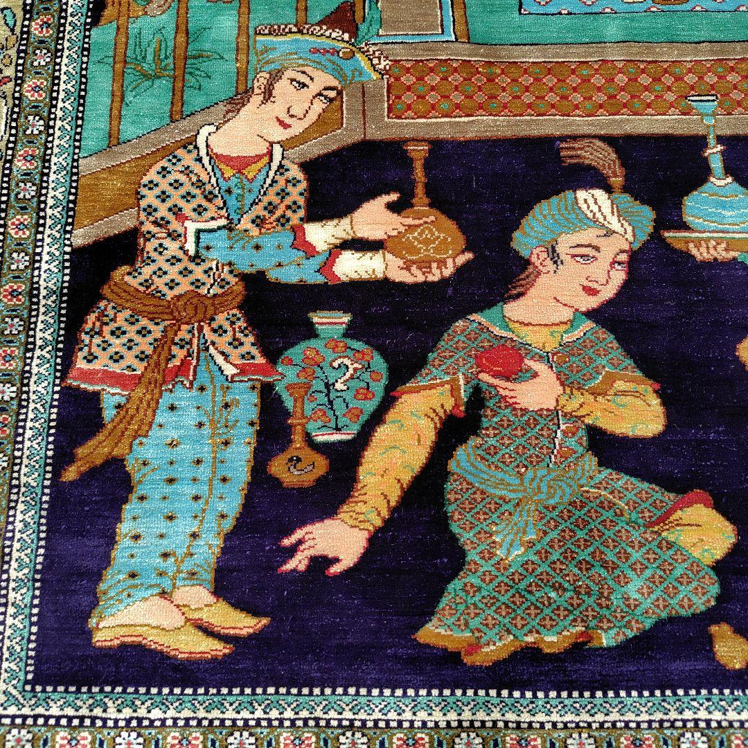【酒宴はお城の庭で】ペルシャ絨毯　シルク手織り　ふたりの王子4人の召使い