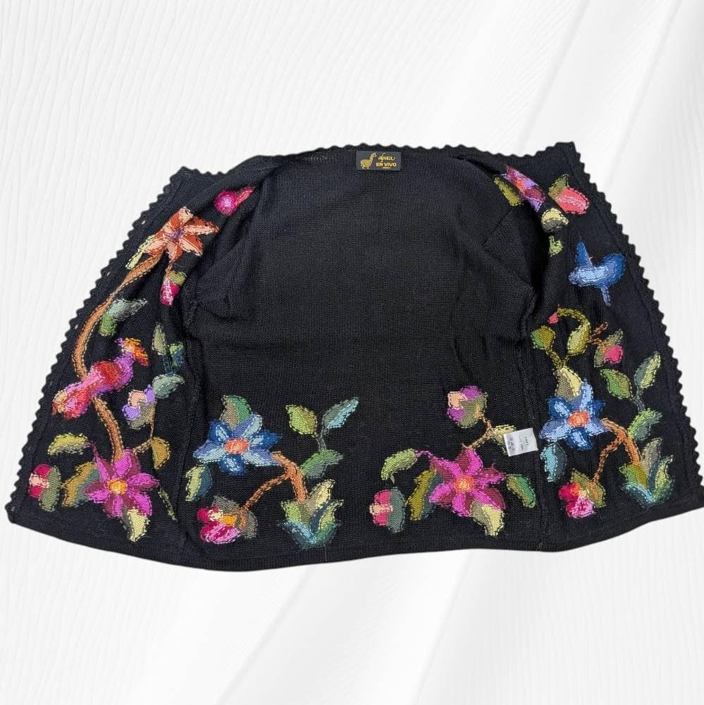 アルパカ １００％ 花柄 カーディガン ブラック Ｍ～Ｌ相当