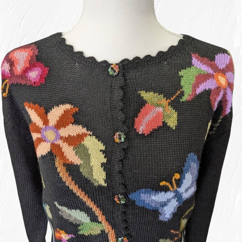 アルパカ １００％ 花柄 カーディガン ブラック Ｍ～Ｌ相当
