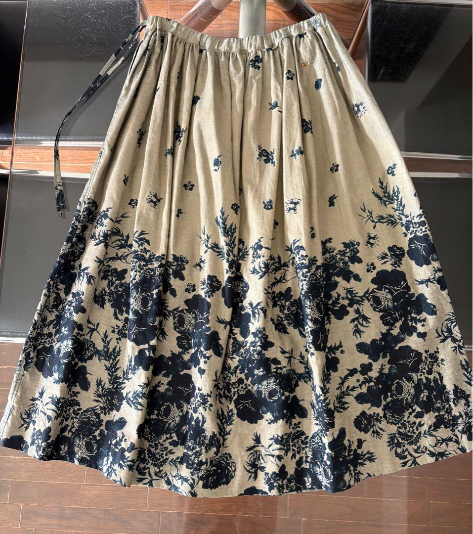 45R インディゴ抜染ローズプリントのイージーギャザースカート 45rpm