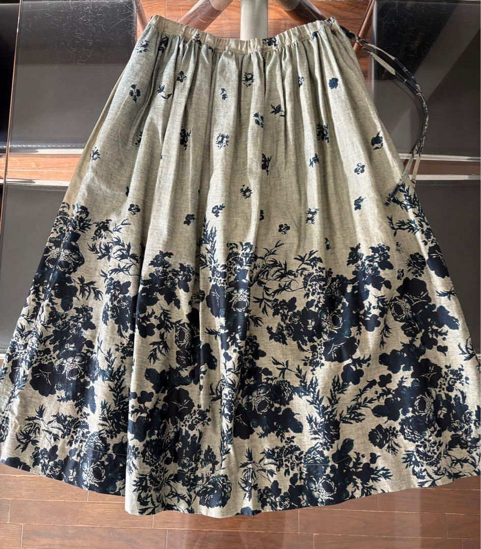 45R インディゴ抜染ローズプリントのイージーギャザースカート 45rpm
