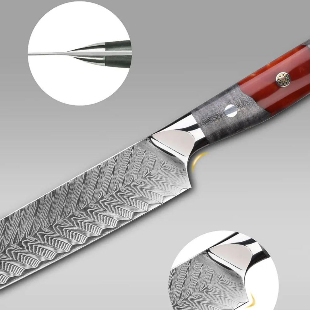 刺身包丁VG10　73層ダマスカス鋼　先丸　筋引き　両刃　柳　刺身　包丁　赤柄