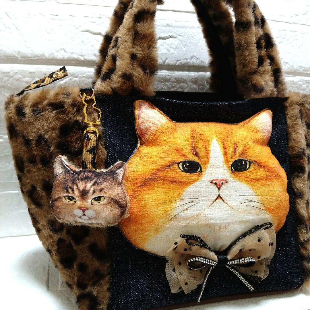 ね*】様 コヤンイサムチョン☆スクエアトートバッグ　デニム＆ヒョウ柄ボア　ふてに