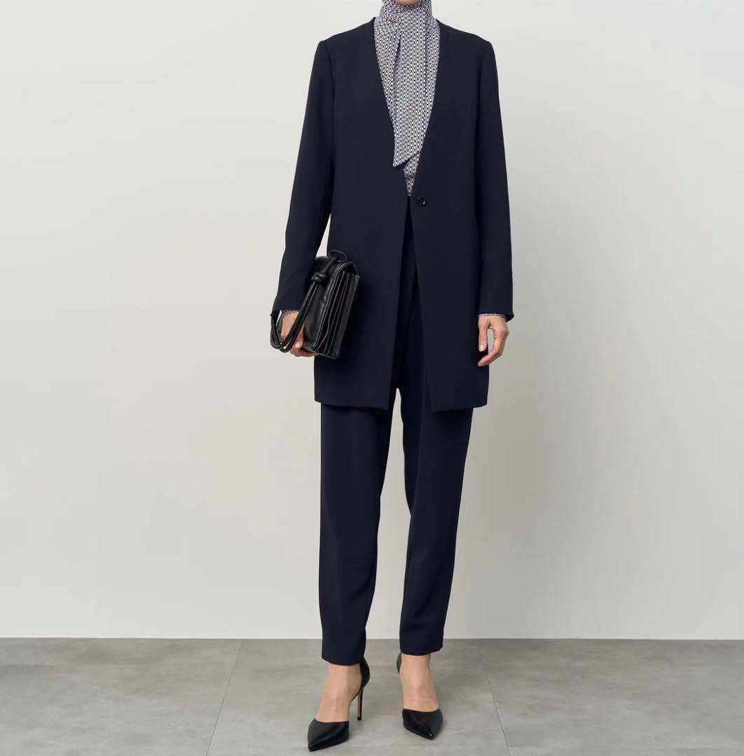 SOEJU ロングノーカラージャケット　ネイビー