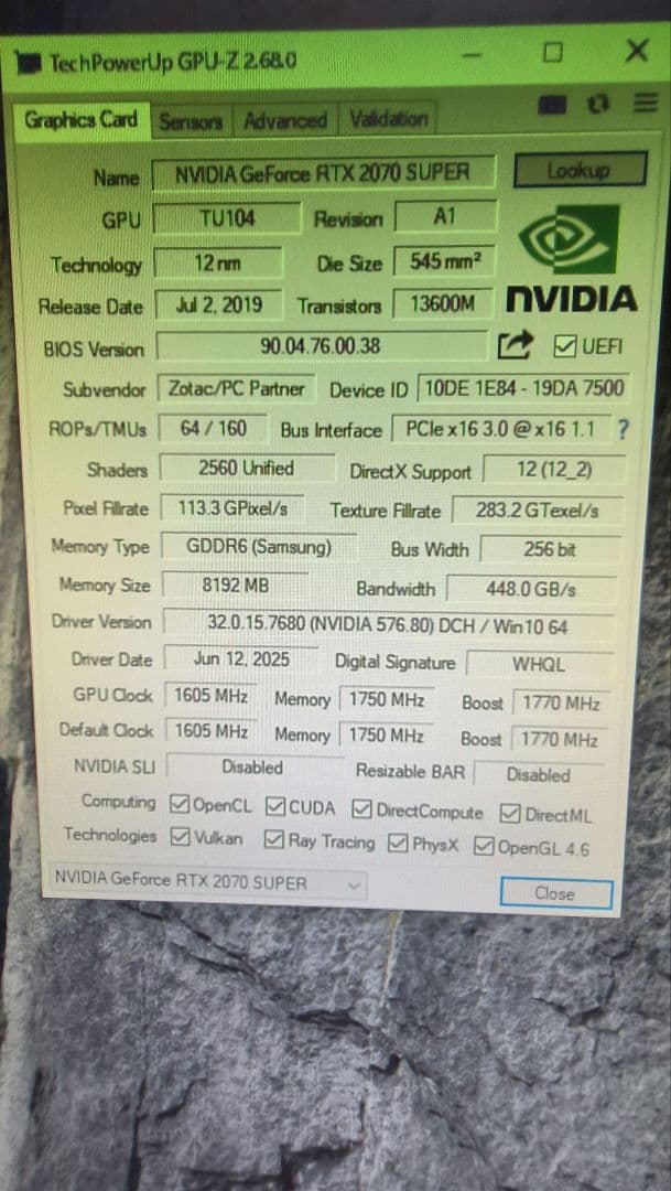 ジャンク ZOTAC RTX 2070 SUPER 8G 動作確認済み