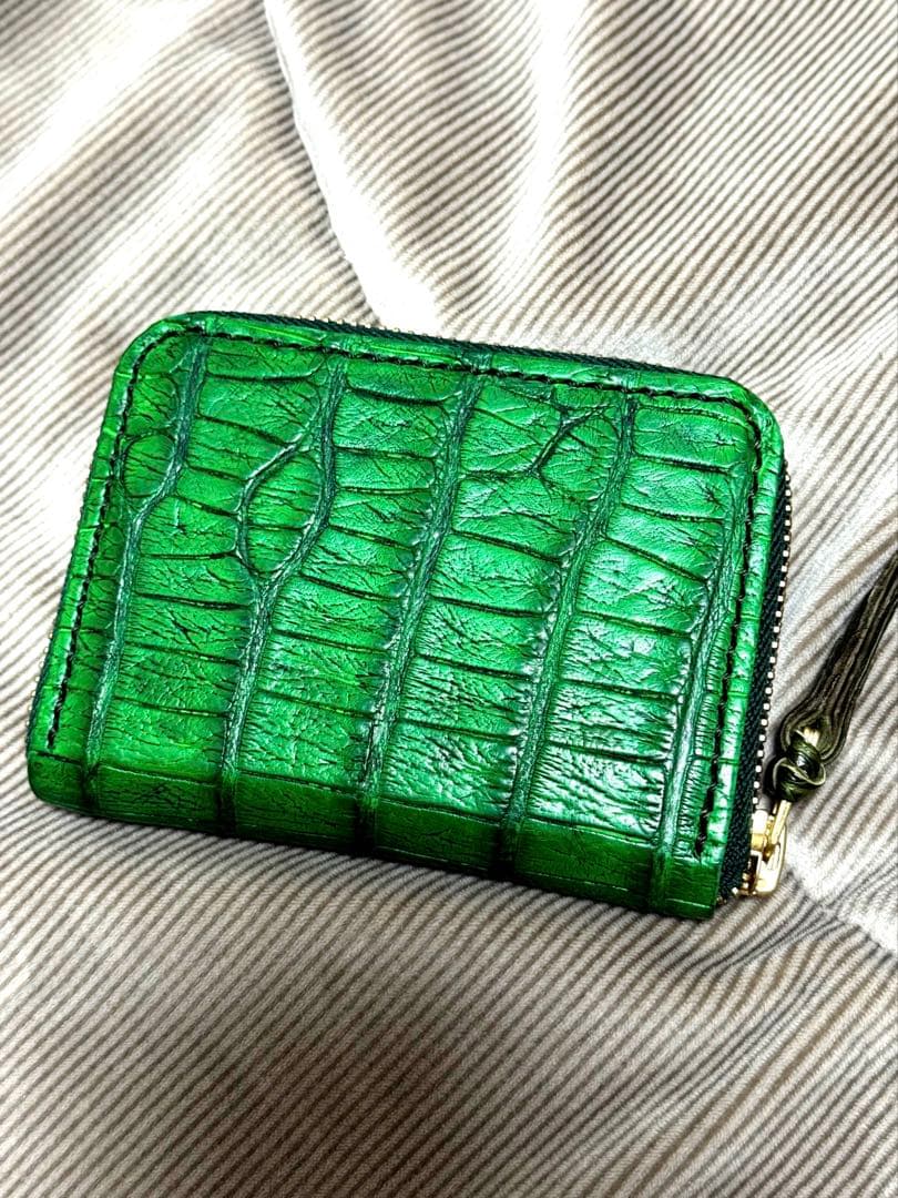 未使用！　アリゲーター　目地染　グリーン　ケース　ミニウォレット　手縫い