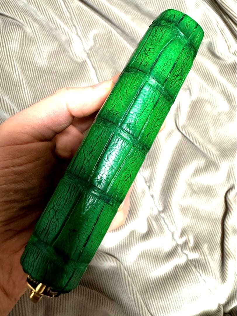 未使用！　アリゲーター　目地染　グリーン　ケース　ミニウォレット　手縫い