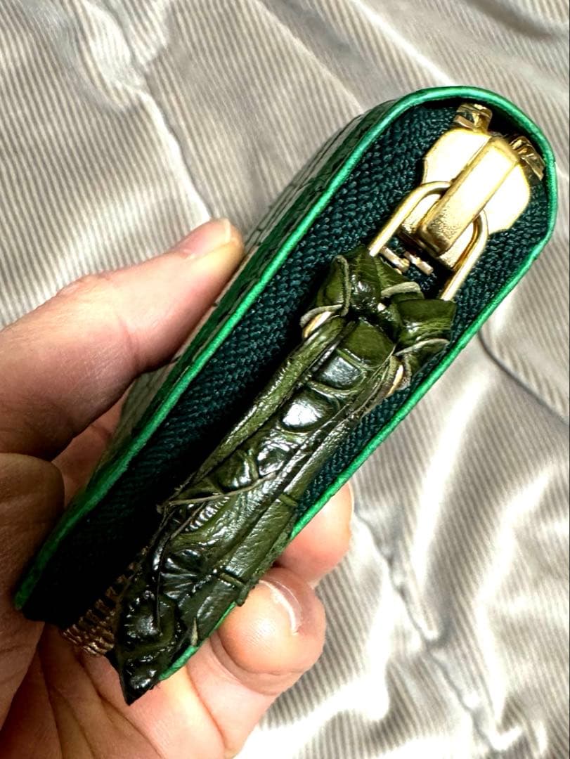 未使用！　アリゲーター　目地染　グリーン　ケース　ミニウォレット　手縫い
